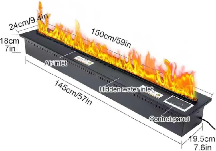 3D Water Vapor Fireplace, Atomized with 7 Adjustable Flame Colors And 5 Brightness Levels, Brushed Stainless Steel, Touch/Remote Control(150CM)