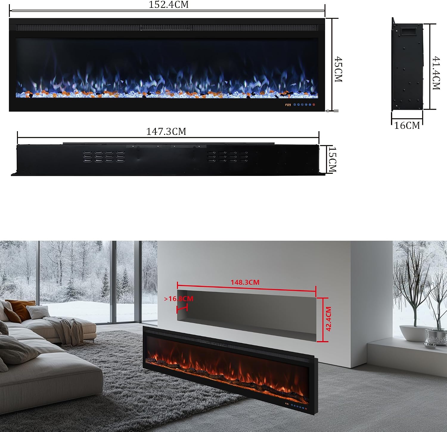 153cm Electric Fireplace Wall Mounted/Recessed Fire Places with surround 60inch Realistic Heating, 13 * 13 Flame Effect with Log& Crystals, Remote control Temperature& Timer, Black 60 inches