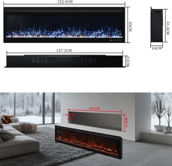 153cm Electric Fireplace Wall Mounted/Recessed Fire Places with surround 60inch Realistic Heating, 13 * 13 Flame Effect with Log& Crystals, Remote control Temperature& Timer, Black 60 inches