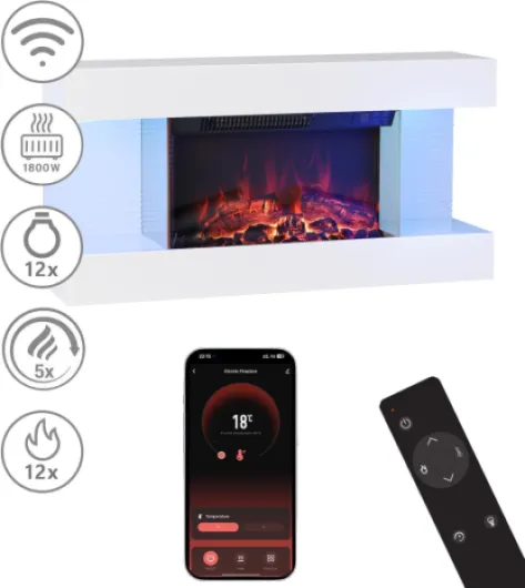 M.C.Haus Wall-Mounted Electric Fireplace with 12 Flame Colors & 3 Brightness Levels - Timer Function & Overheat Protection - Modern LED Heating Fireplace(60in, WIFI) White 60inch