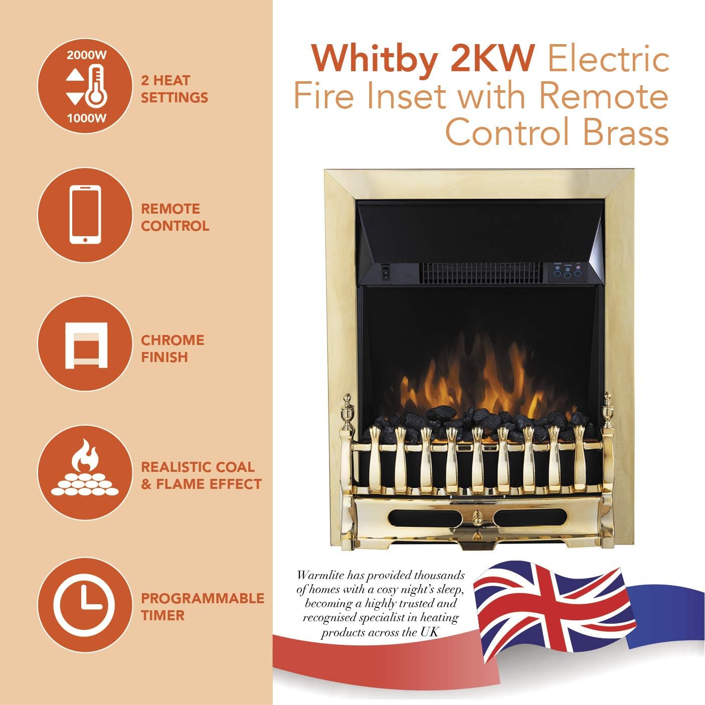 Warmlite Whitby 2kW LED Electric Fire Inset with Remote Control, 2000W, Brass, WL45049 LED Electric Freestanding Fire, Brass
