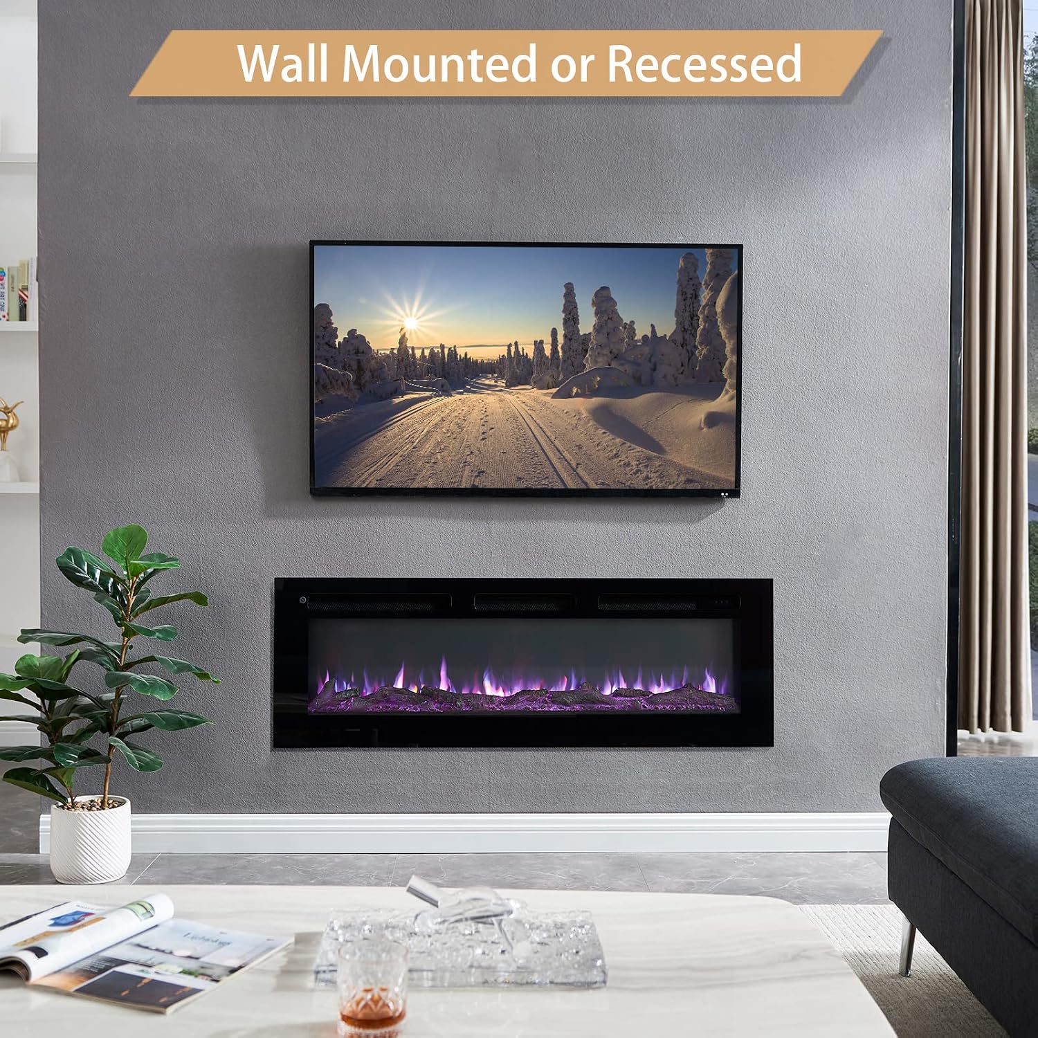 50" Wall Mounted Electric Fireplace, Wilton, Black 127 cm Black