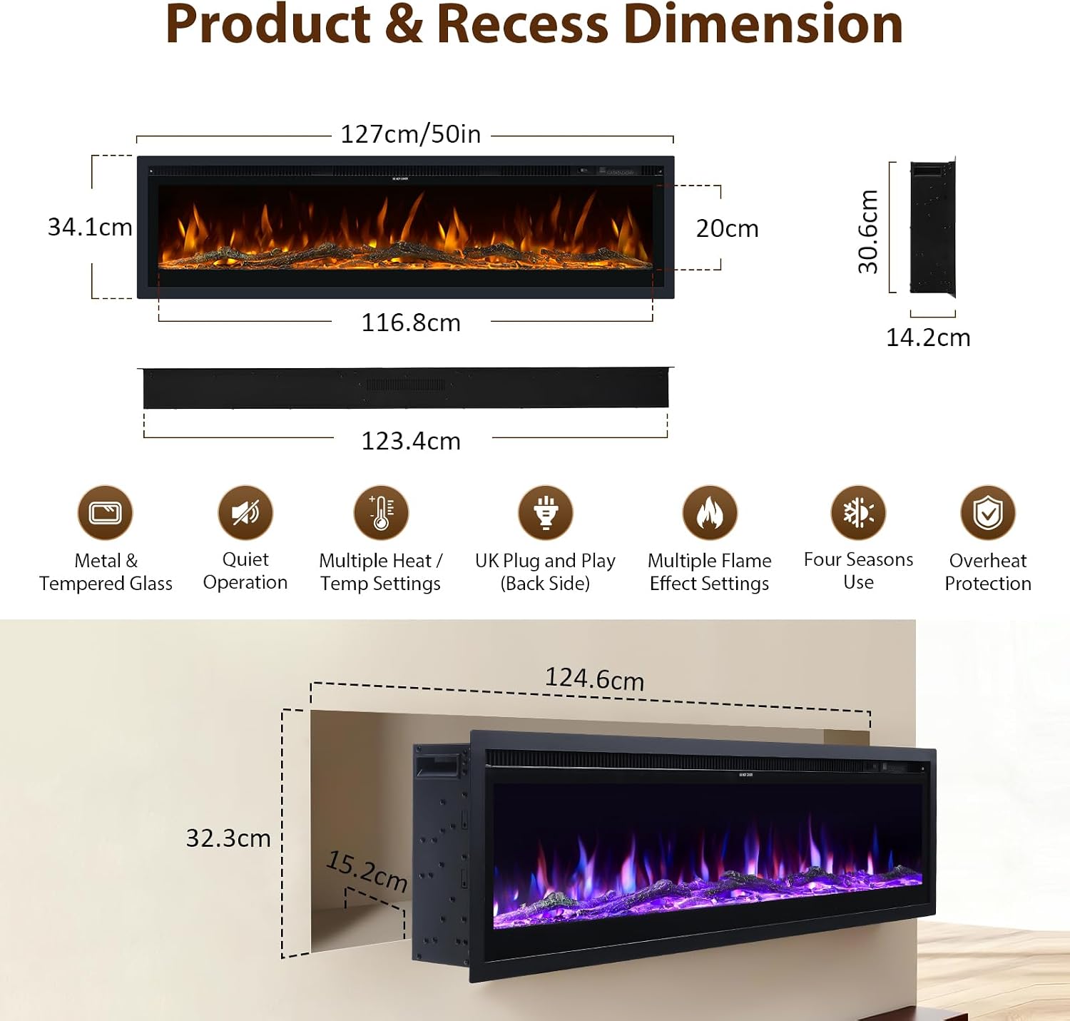 Electric Fire Wall Mounted/Recessed/Freestanding 127cm Electric Fireplace with Remote & Touch Screen Control 12 LED Color Flame Effect, 2 Heat Settings 900W&1800W, Crystal & Log Set 127 cm