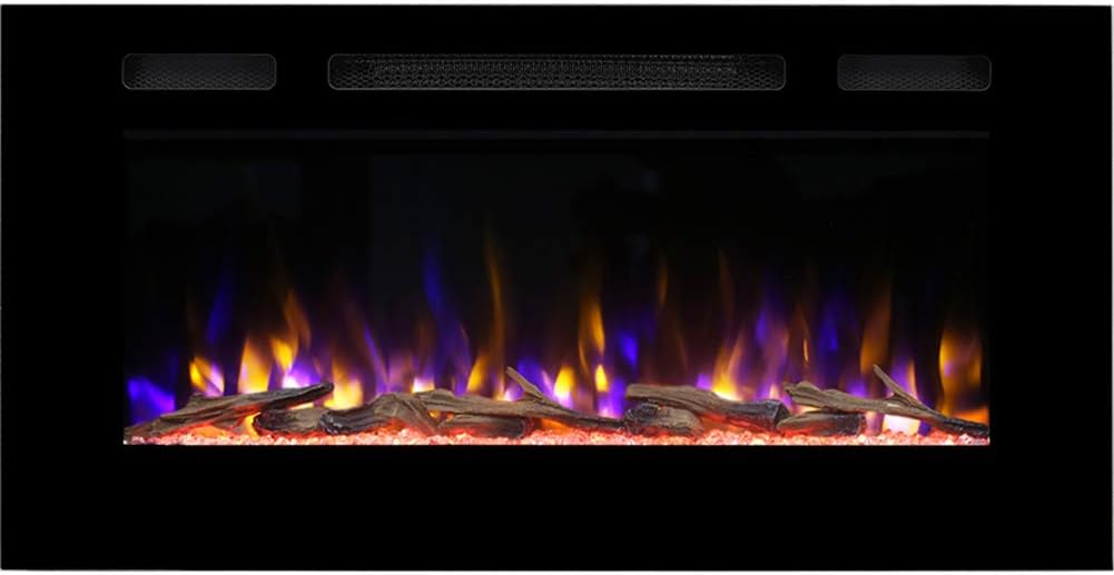 Recessed Electric Fireplace - Bella 40 Inches for 2 X 6 Stud, 14 Fuel Bed Colors - Realistic 4 Flame Colors, 1500/750 Watt Heater, Thermostat and Timer Set by Remote, Log - Crystal, Black Black 40 Inches