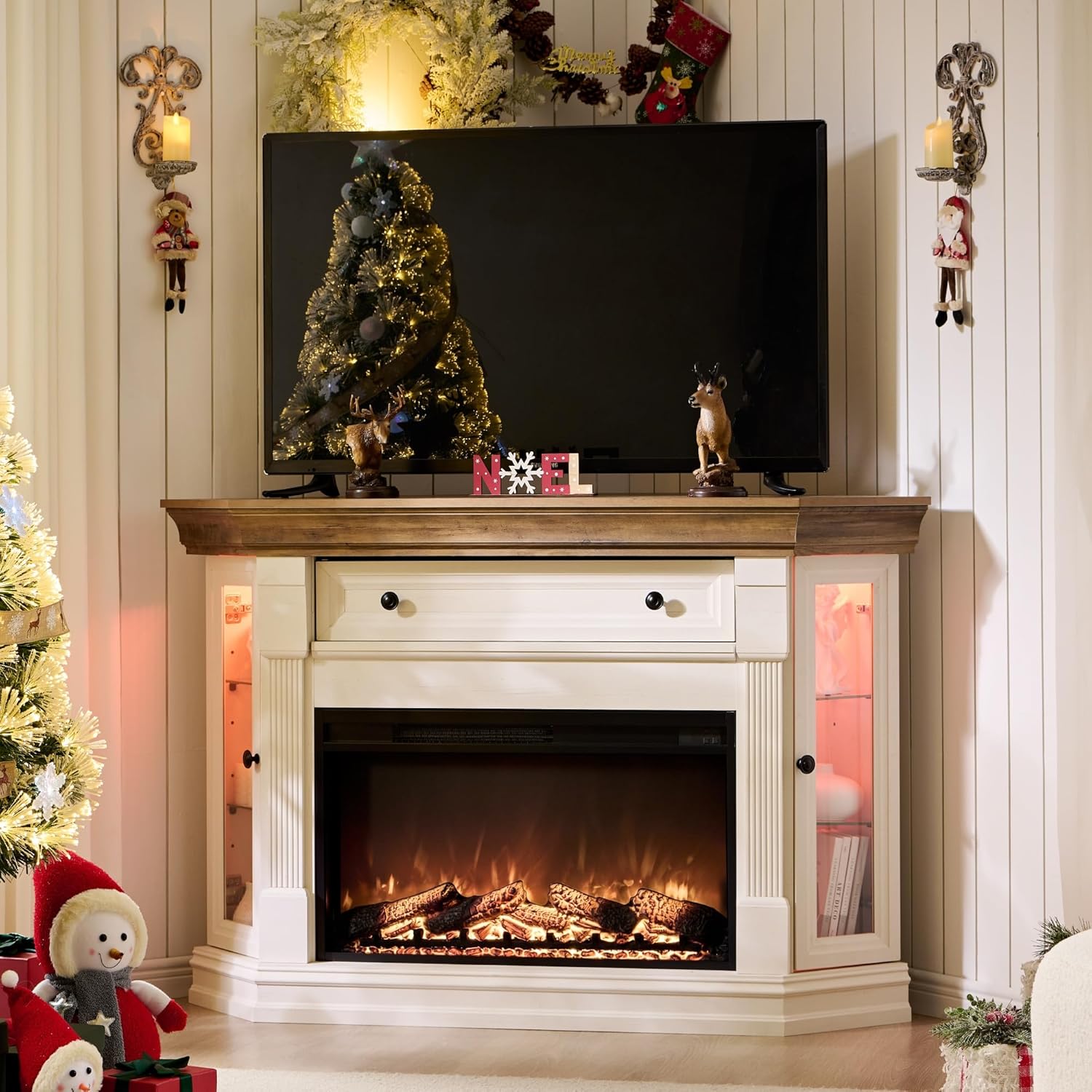 56'' Corner Fireplace TV Stand for 65 Inch TV, Farmhouse Entertainment Center w/ 30'' Electric Fireplace, Media Console for Living Room - Hidden Flip-Up Cubby, Shelves & LED Lights, Antique White