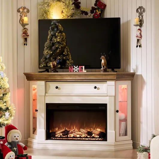 56'' Corner Fireplace TV Stand for 65 Inch TV, Farmhouse Entertainment Center w/ 30'' Electric Fireplace, Media Console for Living Room - Hidden Flip-Up Cubby, Shelves & LED Lights, Antique White