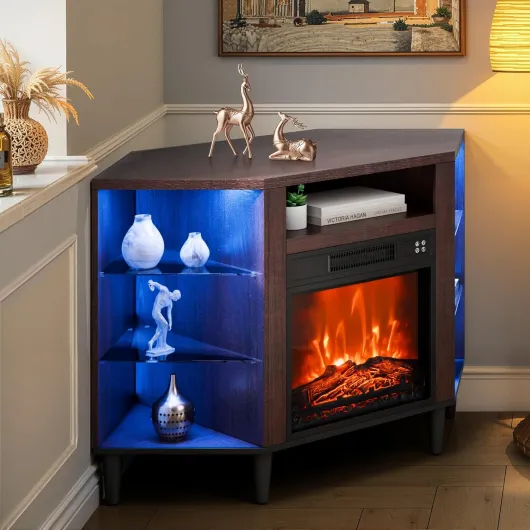 Electric Fireplace TV Stand, Corner TV Stand for TVs up to 50", Corner Console with 18" Fireplace, Vintage Design, 20 LED Lights, Remote Control & Timer for Living Room, Brown