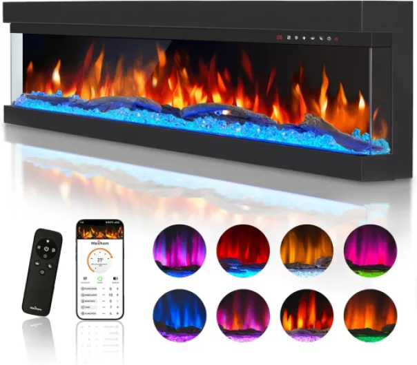 3 Sided Glass Built-in 72" Electric Fireplace - Multi-Color Flames, Heater, DIY Crystal & Log Set, Smart App & Remote Control 72IN
