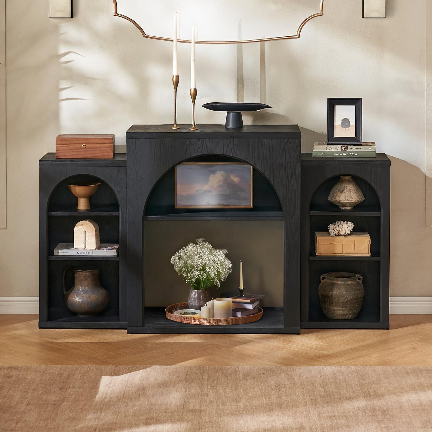 Blake 59" Arched TV Stand for 32/42/55/60/65 Inch TVs, Fireplace Mantel, Modular Side Storage Shelves, Entertainment Center for Living Room, TV Table Credenza, Media Console (Black, No Insert) Black Oak 59" Arched without Fireplace