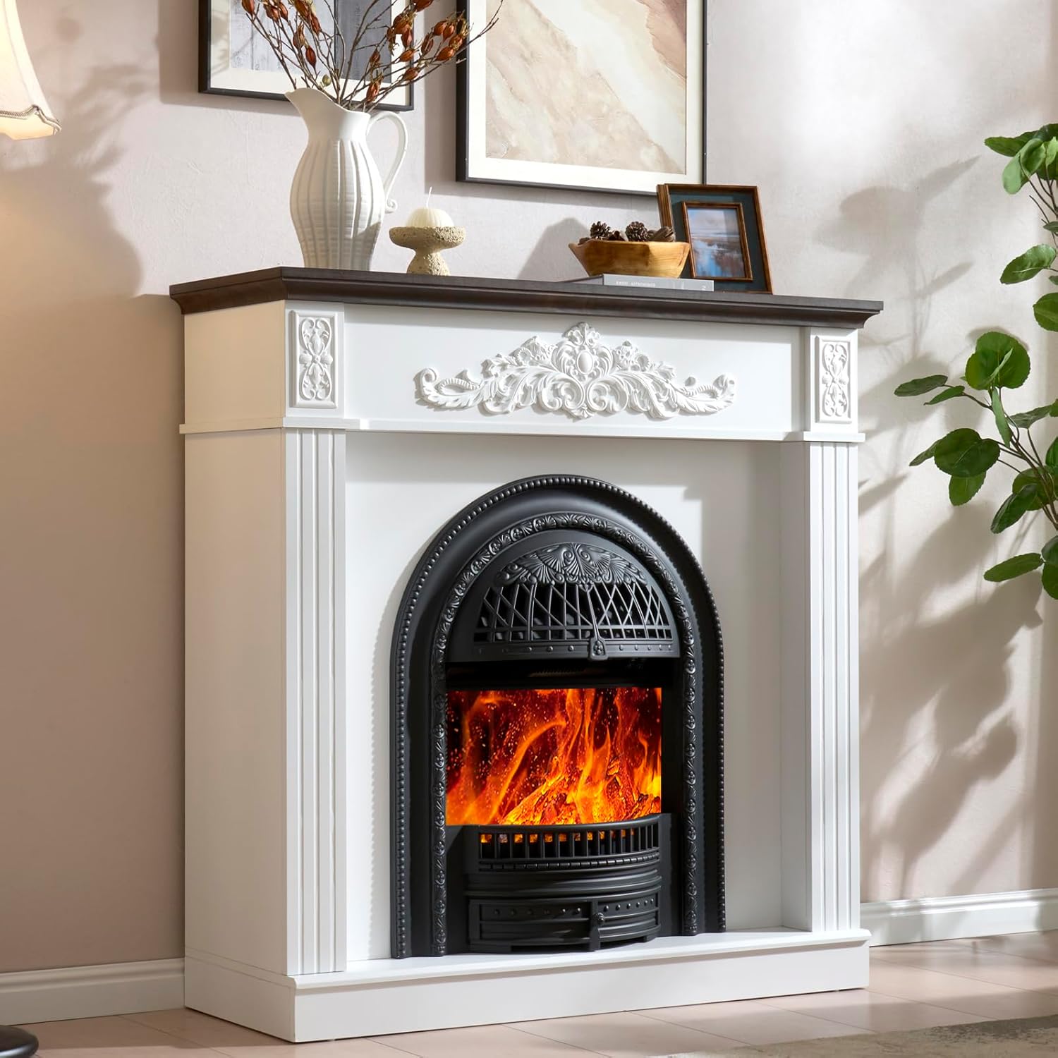 45" Birdcage-Style Electric Fireplace with Mantel, 46" Tall Fireplace TV Stand, Farmhouse Entertainment Center with Storage & Replaceable Insert Heater for Living Room, White+Walnut White+walnut(size M)