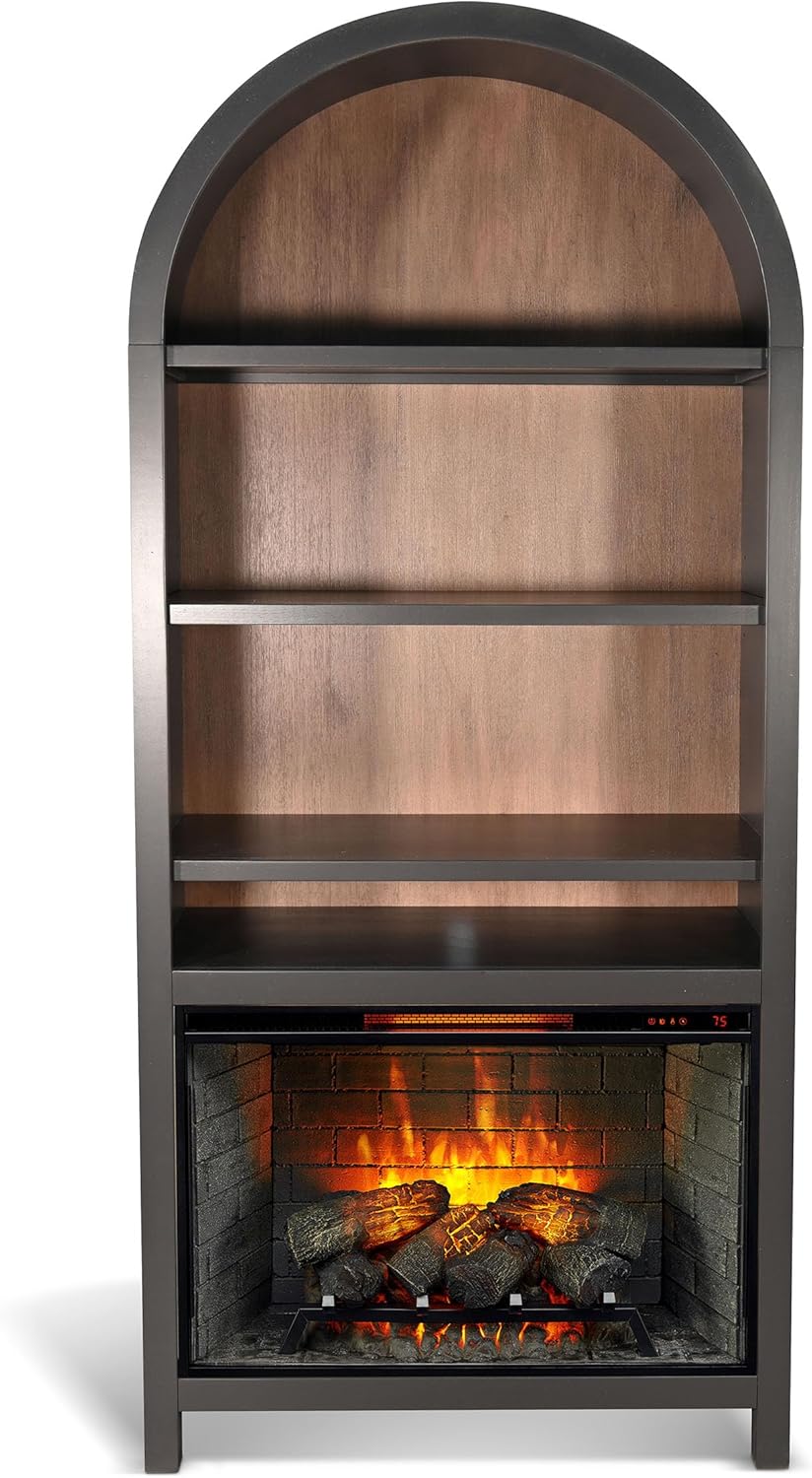 Sunny Designs Arched Solid Wood Bookcase with Optional Electric Fireplace – Fully Assembled 4-Tier Display Shelf with Built-in Heater, Adjustable Flame, and Natural Wood Construction (Black Magic)
