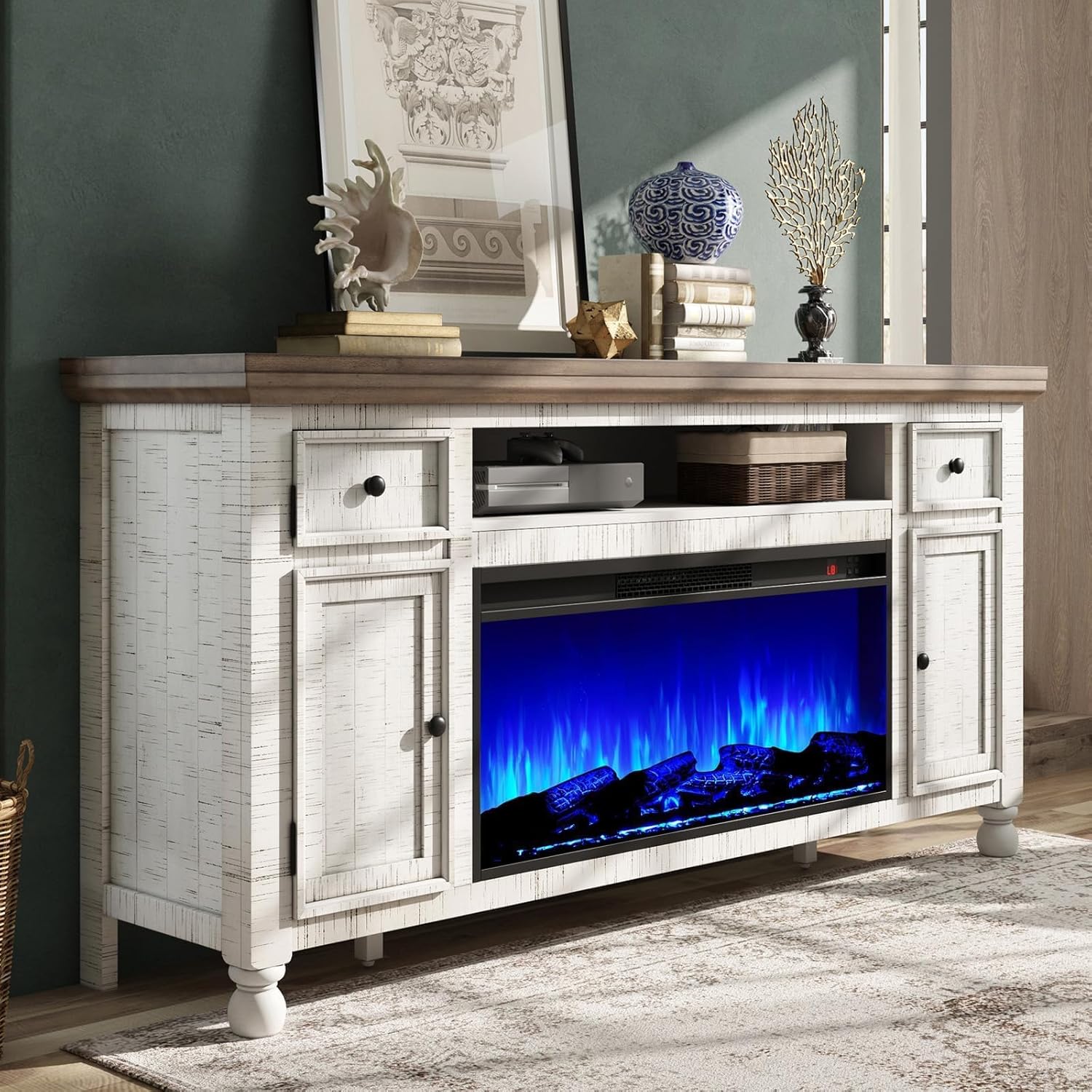 70” Solid Wood Fireplace TV Stand with 36” Electric Insert, Two Heat Settings (64°F & 82°F), 7 LED Flame Effects & Timer, Farmhouse Entertainment Center, Distressed White