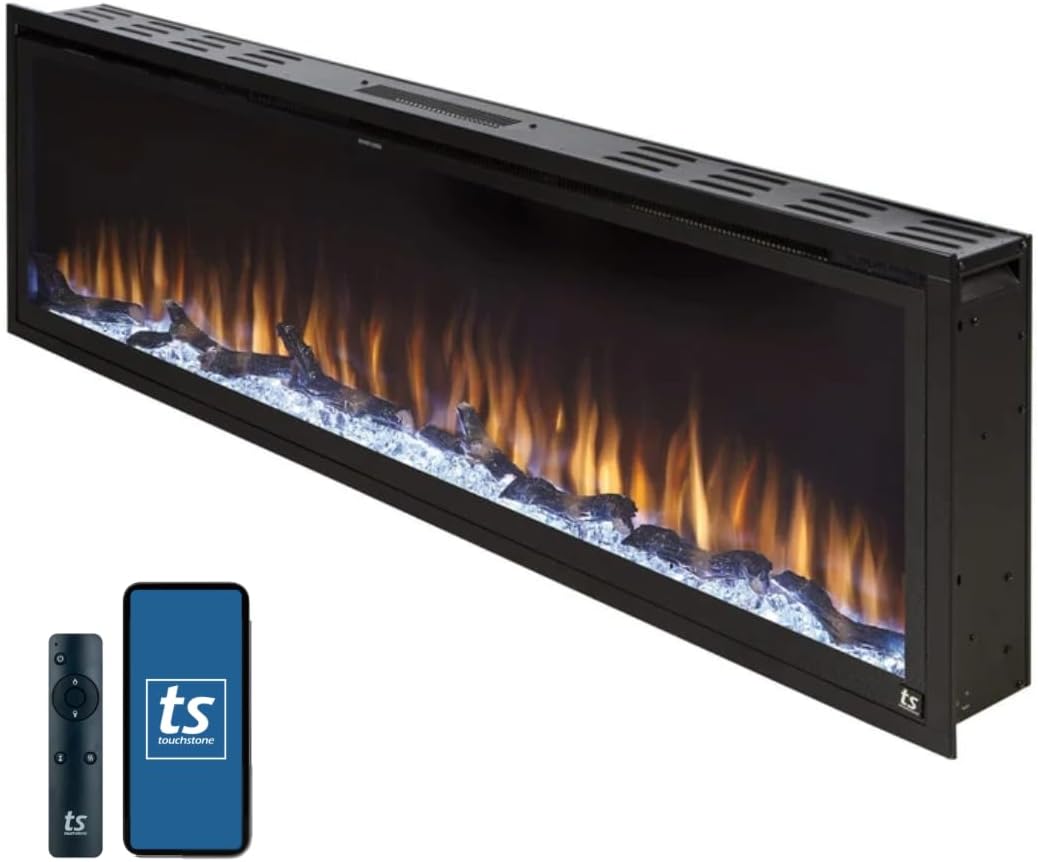 Sideline Elite Smart 60” WiFi-Enabled Electric Fireplace - in-Wall Recessed - 60 Color Combinations - 1,500W Heater - Black - Log, Crystals & Driftwood - 80037 60 Inches