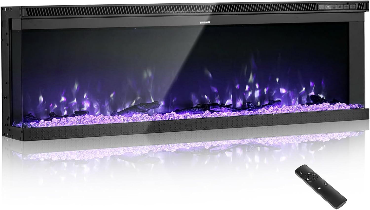 60 inch Electric Fireplace, Three-Sided Glass Wall Mounted Recessed Fire Place with Remote Control, Timer, 1500W, Adjustable Flame Color Brightness,Overheat Protection, for Living Room,Bedroom Three-Sided 60 Inch