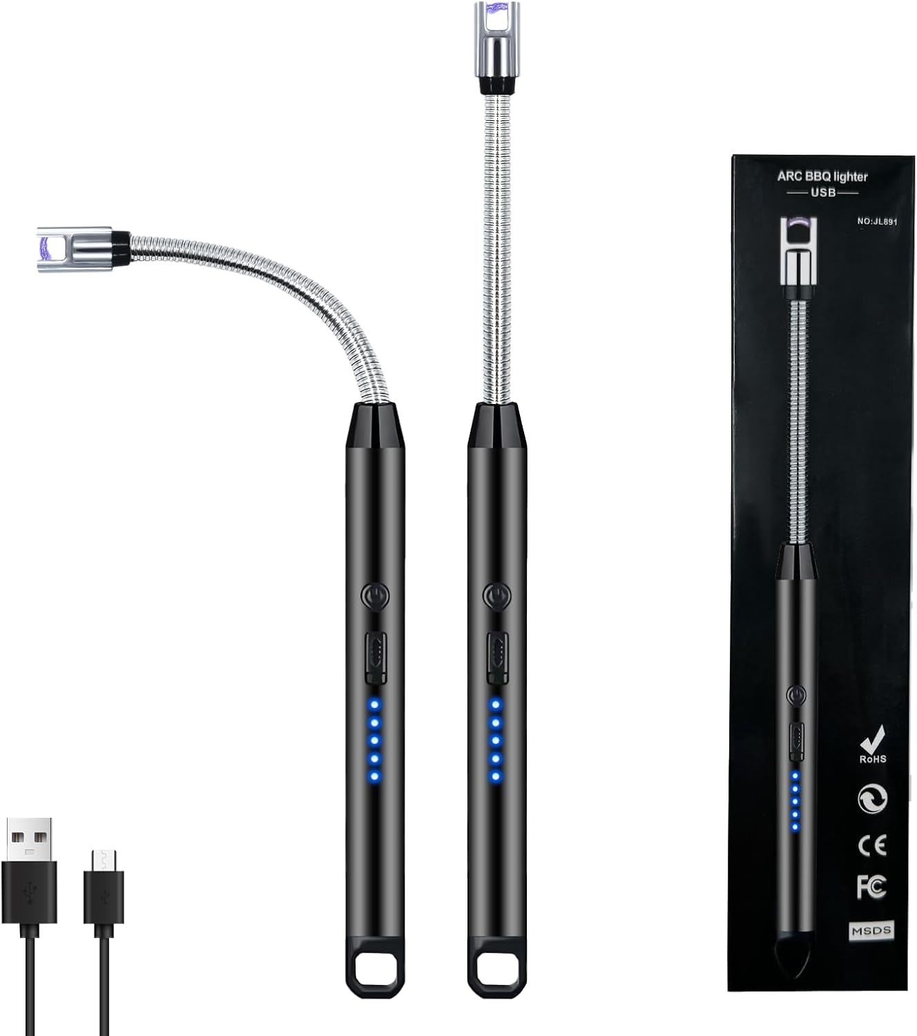 2 PCS Candle Lighter, Electric Lighter Arc Windproof Flameless with 360° Flexible Neck & LED Power Display, Lighters for Candle for BBQ, Grill, Camping, Fireplace, Stove Black