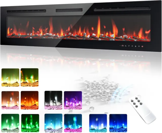 60 Inch Electric Fireplace Wall Recessed and Wall Mounted with Adjustable Flame Color, Fireplace Heater with Remote Control, Linear Fireplace with Timer, Touch Screen, Log & Crystal, 750/1500W 60Inch