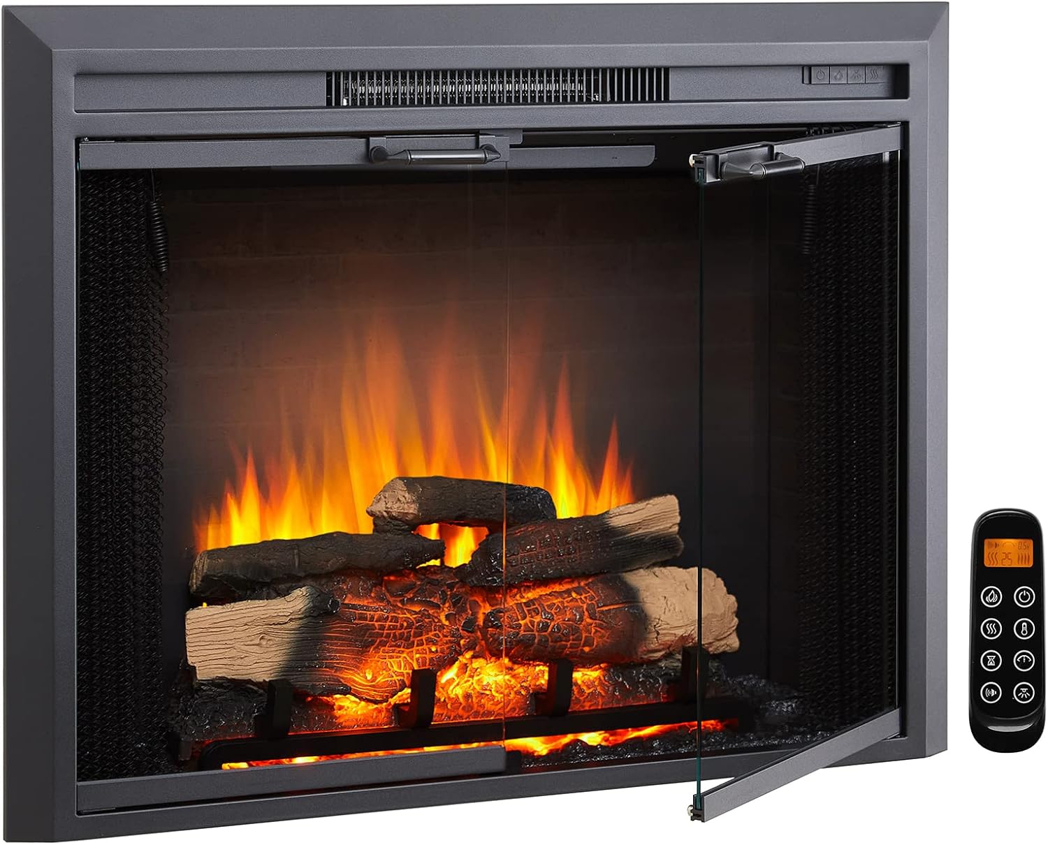 LegendFlame® Damon 35" W Electric Fireplace Insert with Glass Door and Mesh Screen (EF264B), Fireplace Heater 750/1500W, Fire Crackling Sound, Remote Control - 35" without trim