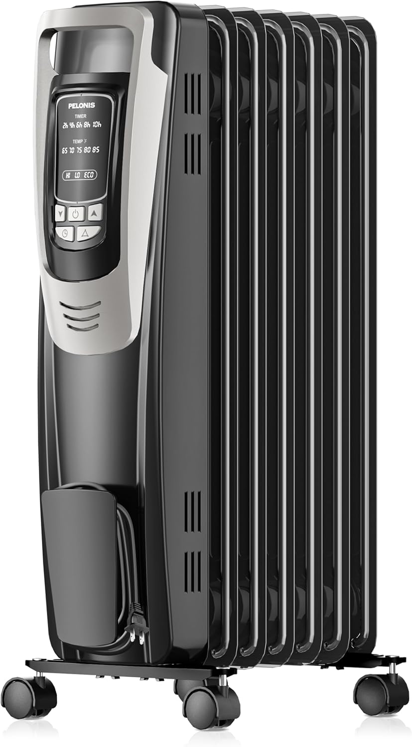 Radiator Heater for indoor use Large Room with Remote, Thermostat & LED Display, Quiet Oil Filled Heater with 5 Temperature Settings, Overheat & Tip-Over Protection, Silver