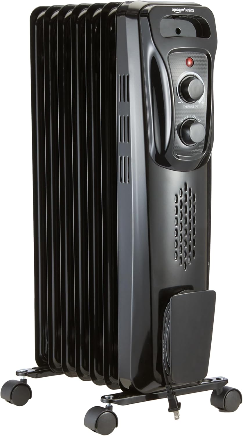 Portable Oil Radiator Heater for Indoor Use, 3 Heat Settings, Over-Heat Protection, ETL-certified Safety, 7 Oil-Filled Steel Fins, 1500W, 11"D x 14.8"W x 25.2"H, Black