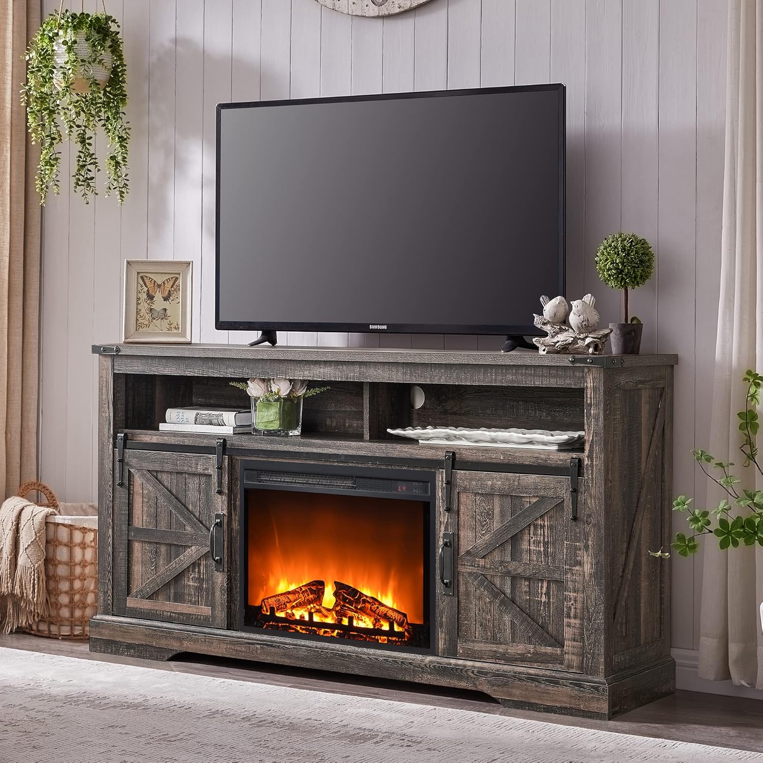 Fireplace TV Stand for 65+ Inch TV, 33" Tall Highboy Farmhouse Entertainment Center w/ 23'' Electric Fireplace, Rustic Media Console w/Sliding Barn Door for Living Room, Dark Rustic Oak Dark Rustic Oak 15.75"D x 60"W x 32"H