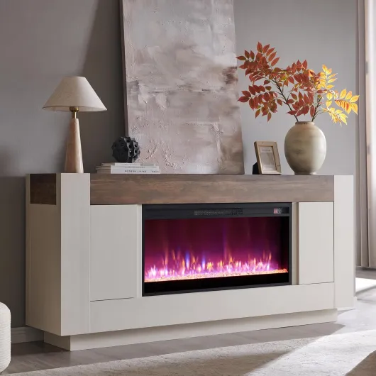 Modern 70" Fireplace TV Stand with 36" Electric Fireplace, Entertainment Center for TVs Up to 80", Media Console with Side Cabinets, Thick Wood Design for Living Room, Antique White