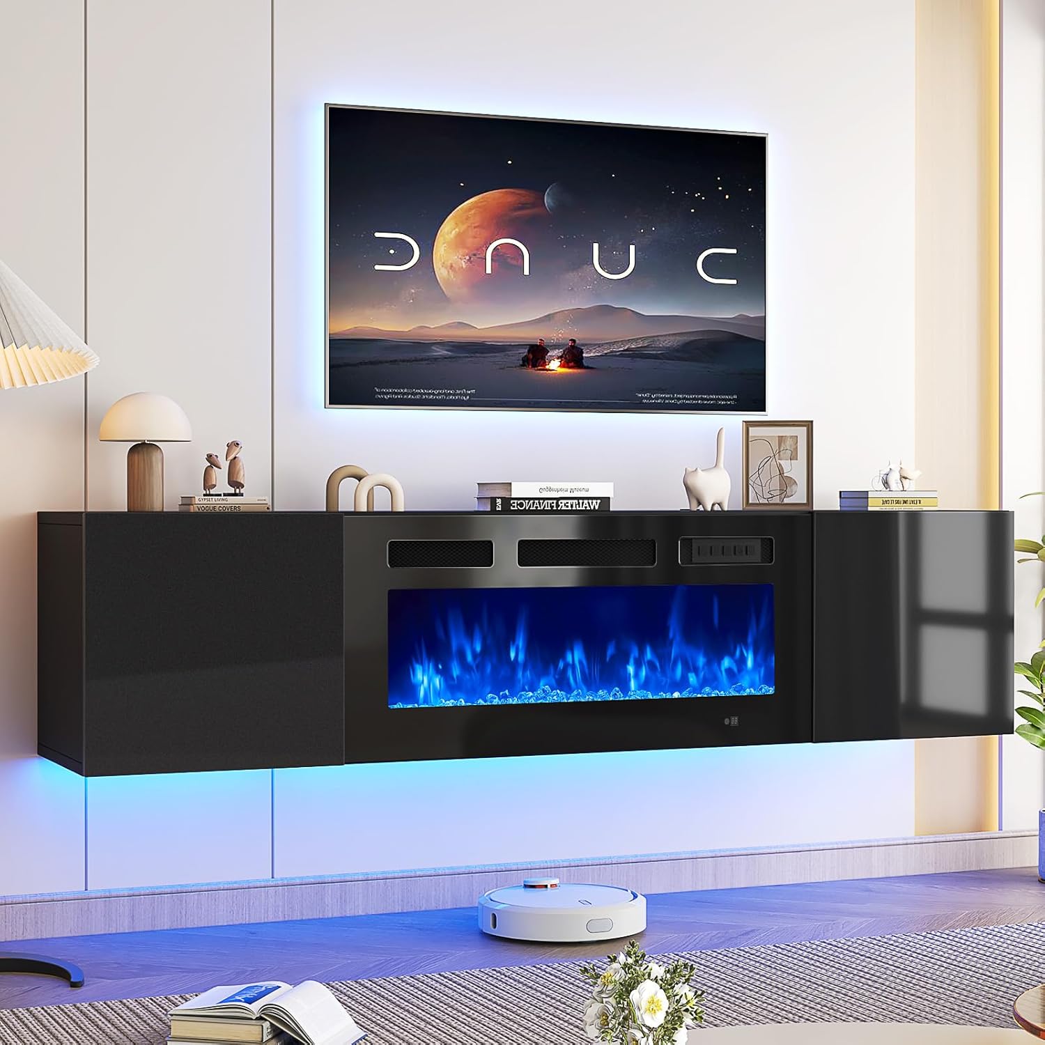 70" Floating TV Stand with 36" Electric Fireplace, Wall Mounted Fireplace Entertainment Center with Storage, Fire Place TV Console for Living Room, All Black 70" All Black