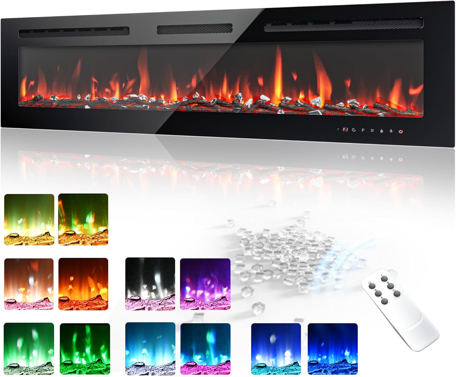 60 Inch Electric Fireplace Wall Recessed and Wall Mounted with Adjustable Flame Color, Fireplace Heater with Remote Control, Linear Fireplace with Timer, Touch Screen, Log & Crystal, 750/1500W 60Inch