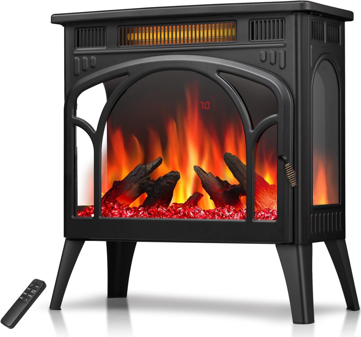 R.W.FLAME Electric Fireplace Heater 24" with Remote Control, Upgrated, Adjustable Flame, Temp Control, Overheating-Protection, Elegant Cathedral Design Electric Fireplace for Indoor Use, Black Black 24inch