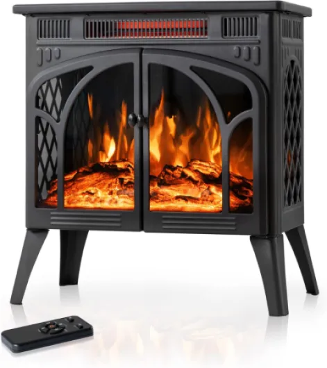 24Inch Electric Fireplace Stove , Free-Standing Infrared Fireplace Stove, Controllable 3D Flame, 4 Variable Flame&Log Colors, 1500w, 5100BTU, Black (S230B-BLACK), 23.5"L X 10.7"W X 24.3"H