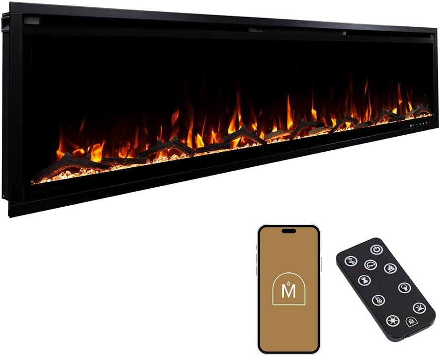 Aerus Slim 72 Inch Smart Linear Electric Fireplace - Recessed in-Wall or Wall-Mount - LED Multiple Flame Colors - Alexa/WiFi Enabled - 4.25” Profile - Remote Included 72 Inch Slim