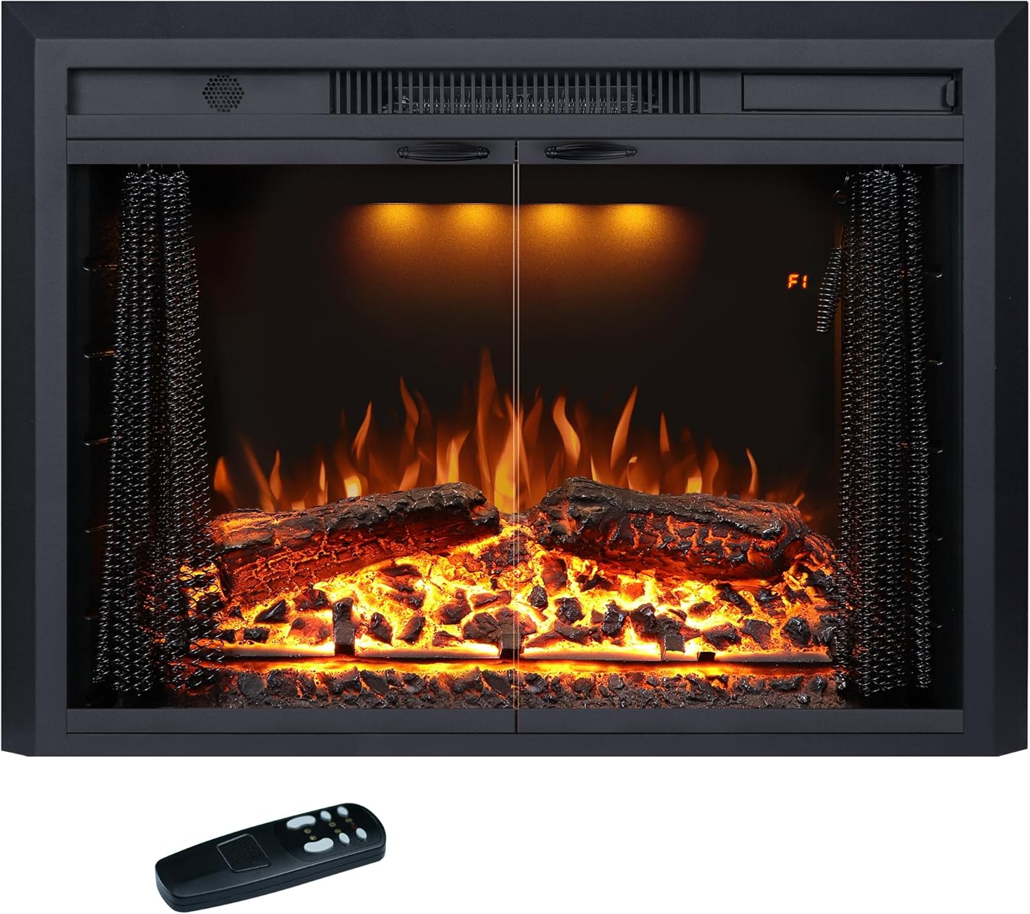 28" W Electric Fireplace Insert with Glass Door and Mesh Screen, Fireplace Heater 750/1500W (Low/High Temperature), Log Speaker for Crackling Sound, Remote Control 28"W21"H