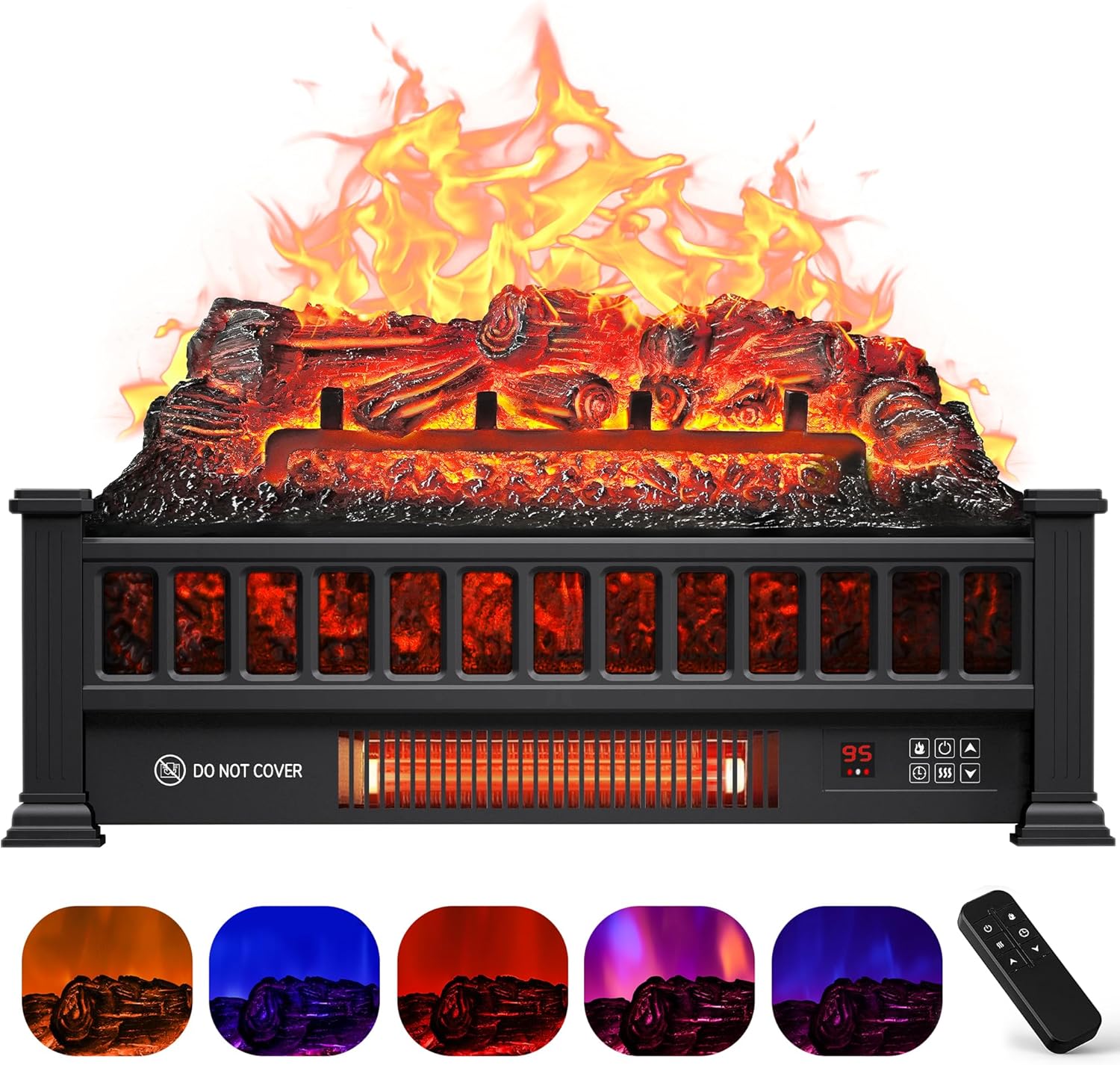 Electric Fireplace Logs Inserts Heater 20-Inch, Remote Controller Fireplace Heater, Adjustable Flame Colors, Realistic Fake firewood Flame, Overheat Protection, Timer, Thermostat, 1500W Black 20"