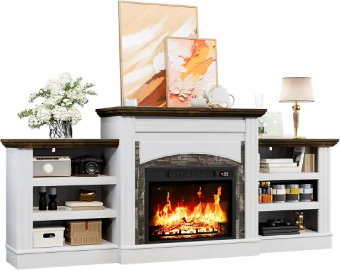 72" Electric Fireplace TV Stand, Electric Fireplace with Mantel, Modern Entertainment Center with Storage, Realistic Stacked Stone Surround for Living Room