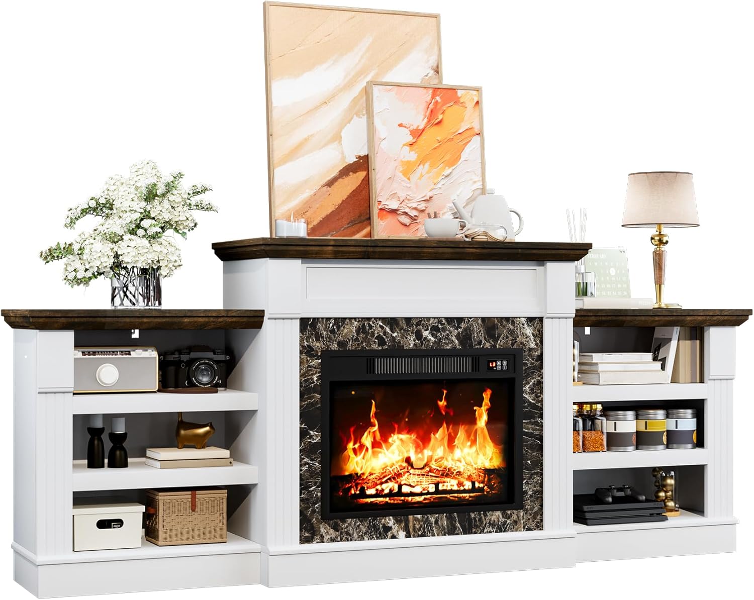 72" Electric Fireplace TV Stand, Electric Fireplace with Mantel, Modern Entertainment Center with Storage, Black Marble Surround for Living Room