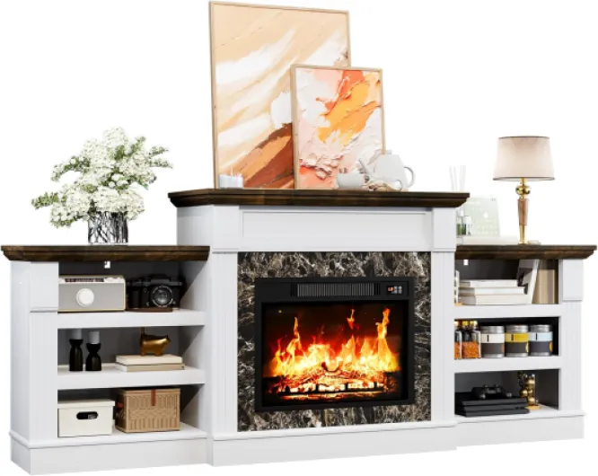 72" Electric Fireplace TV Stand, Electric Fireplace with Mantel, Modern Entertainment Center with Storage, Black Marble Surround for Living Room