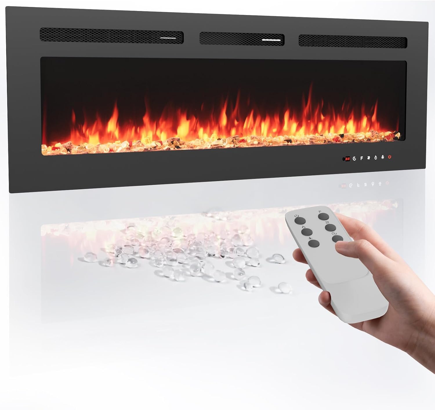 Electric Fireplace Wall Mounted and Recessed Fireplace Heater with 12 Adjustable Flame Color and Brightness, Remote Control with Timer, Touch Screen, Log & Crystal, 750/1500W 50"