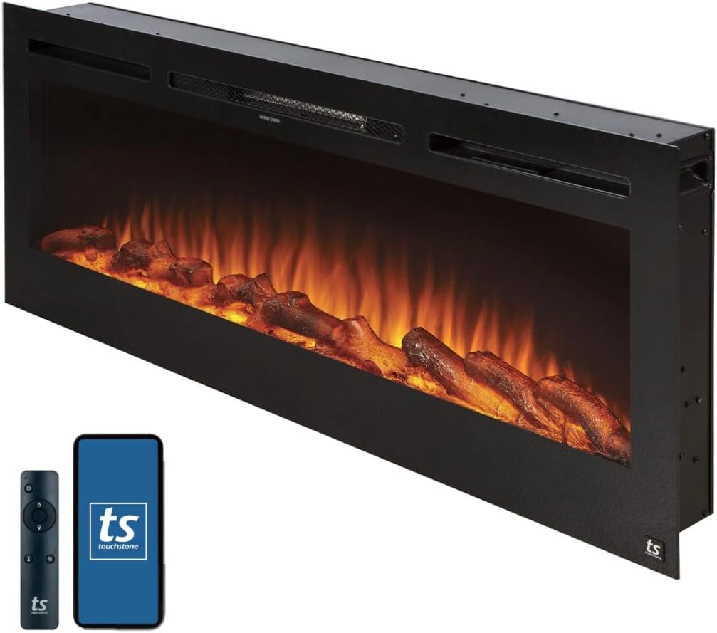 Smart Electric Fireplace-The Sideline 50" Wide-in Wall Recessed - 30 Realistic Ember Color/Flame Options - 1,500W Heater w/Thermostat - Log & Crystal Hearth Options - Alexa/WiFi Enabled 50 Inches