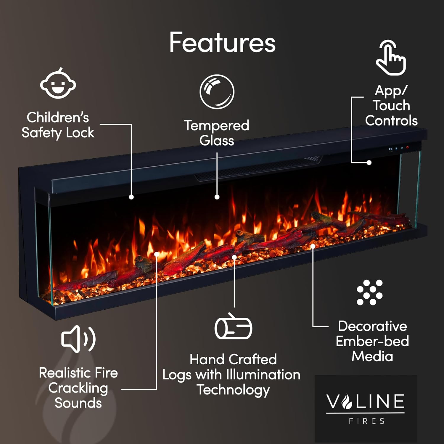 3-Sided Panoramic Electric Freestanding Fireplace Heater 60"/152cm – Wall-Mounted, Media Wall Electric Fire, 15 LED Colours, Crackling Sound, Wifi/Alexa/App/Remote 900W/1800W Heat Control 60 inch