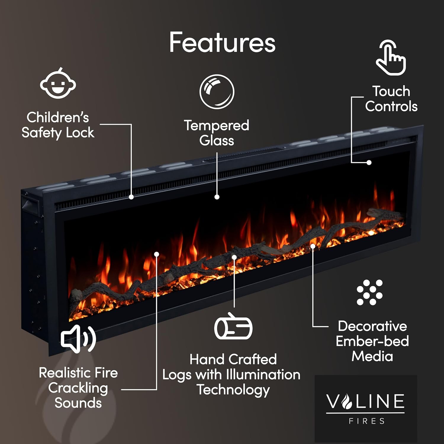 Recessed Electric Freestanding Fireplace UltraSlim Heater 60"/152cm, Wall-Mounted Fireplace for Media Wall, Electric Fire with 15 LED Flame Colours, Wifi/Alexa Remote Control, 900W/1800W 60 inch