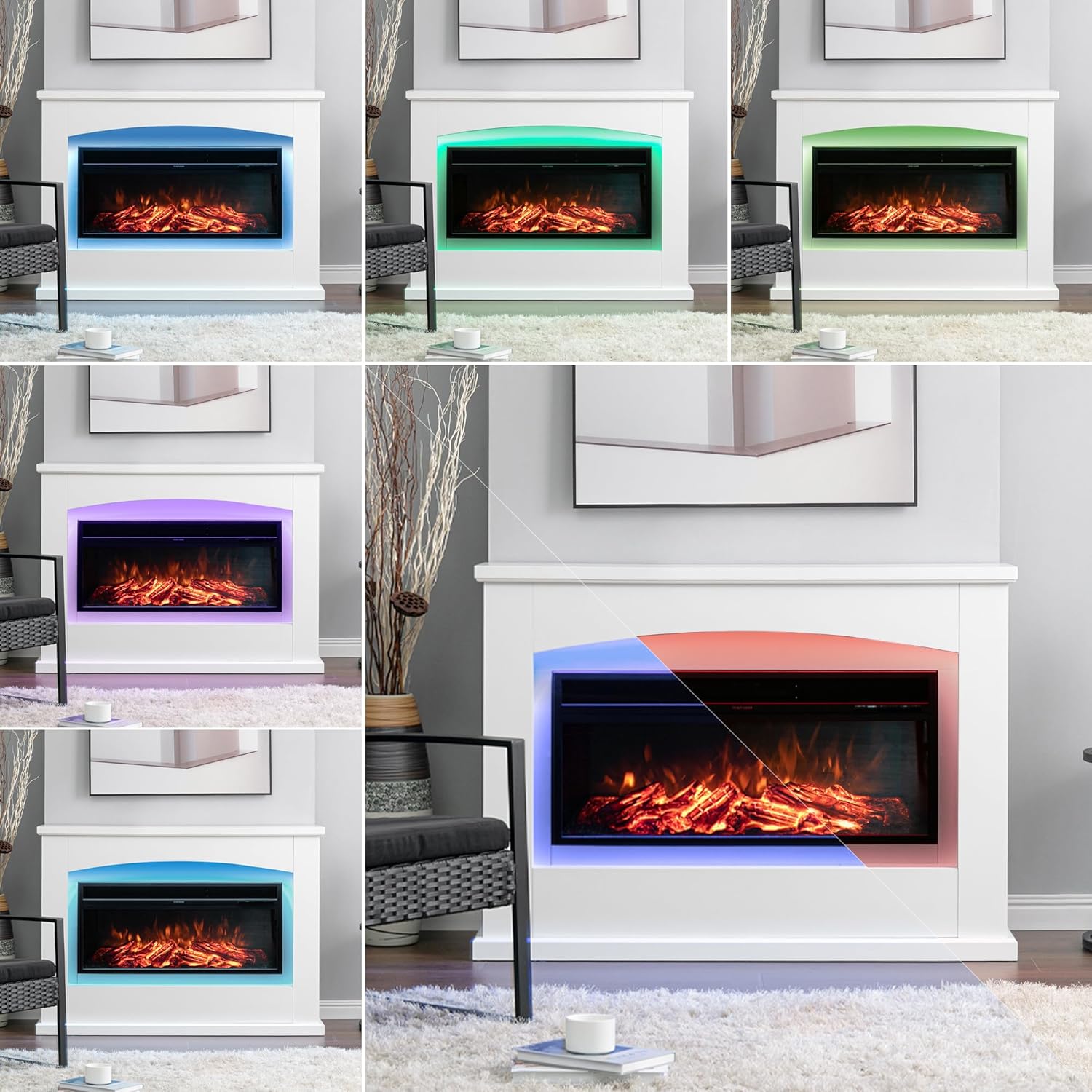 Electric Fire with Surround 50inch White Free Standing Electric Fireplace and Surround Heating Realistic Led Flame Effect 7 Color Setting Large Electric Fire Suite Heater with Remote 50inch White With 9 Surround Light