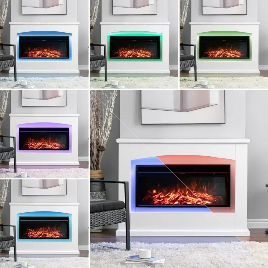 Electric Fire with Surround 50inch White Free Standing Electric Fireplace and Surround Heating Realistic Led Flame Effect 7 Color Setting Large Electric Fire Suite Heater with Remote 50inch White With 9 Surround Light