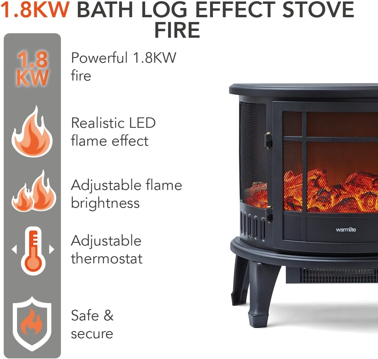 Warmlite WL46017 Bath Log Effect Fire with Adjustable Temperature and Flame Controls, 1800W, Black