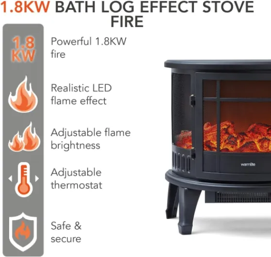 Warmlite WL46017 Bath Log Effect Fire with Adjustable Temperature and Flame Controls, 1800W, Black