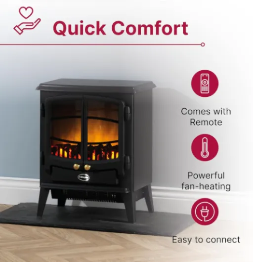 Tango Optiflame Electric Stove, Matte Black Free Standing Stove Fire with Coal Fuel Bed, LED Flame Effect, Adjustable 2kW Fan Heater, Thermostat and Remote Control Cottage