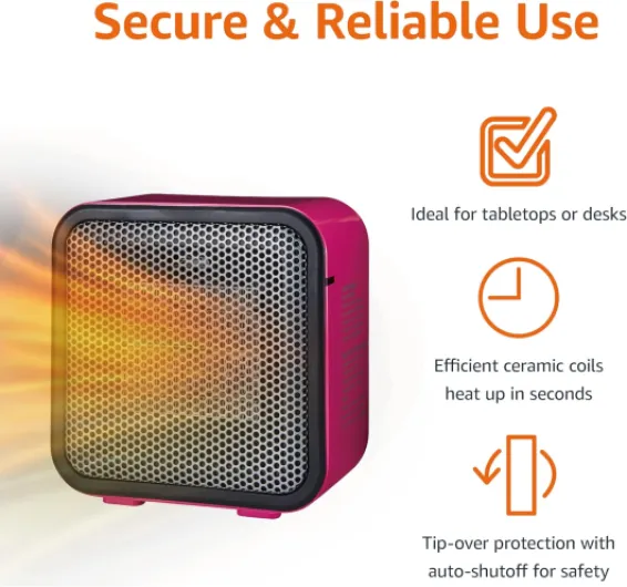 Ceramic Space Heater, Mini Heater for Office Desk, Portable Tent Heater (Indoor Use), 500 W, With Tip-Over Protection, Lightweight (1.4 LBS), Pink, 5.9 x 3.2 x 6 inches