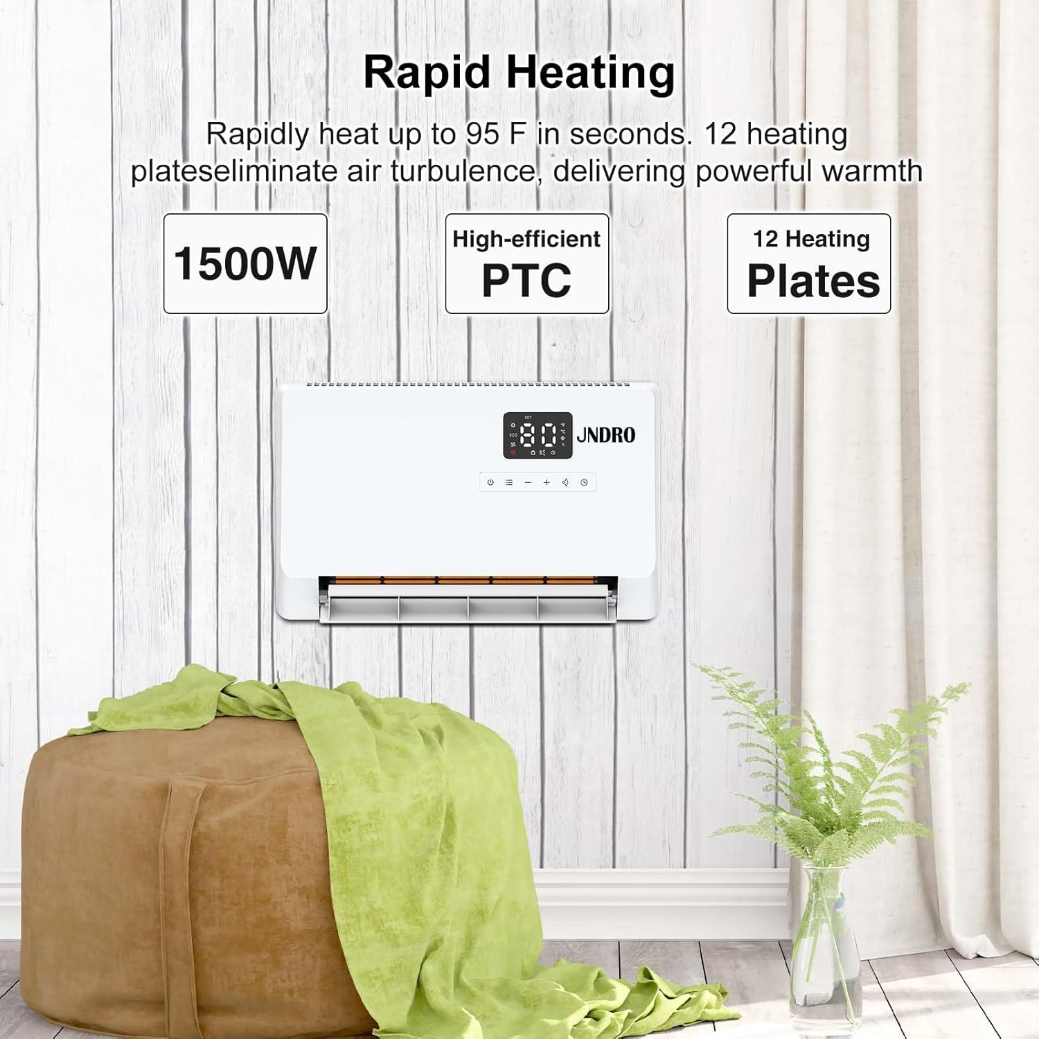 Wall-Mounted Space Heater with ECO Thermostat and Remote Control, LED Display, 60°/90°/120° Oscillation Modes, 24-Hour Timer, Indoor Electric Space Heater 16.5" W