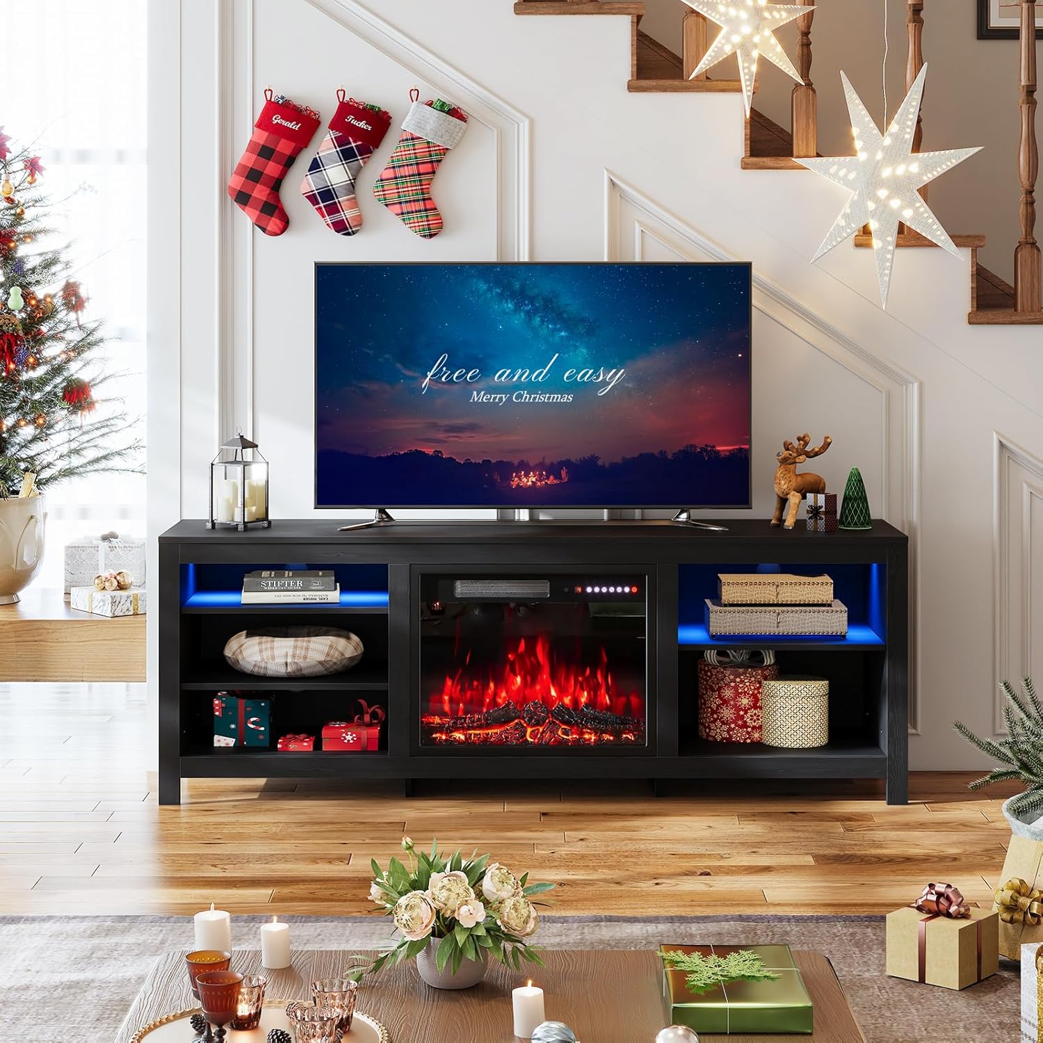 Electric Fire Insert TV Stand, 78" TV Unit with Fireplace Built in, 12 Colors Moon Light & Flame Effect Support, 23" Fireplace with 5 Levels Flame Speed, Overheat Protection, Black