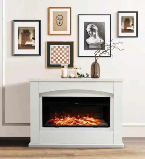 34 Inch Intelligent Built-in Electric Fireplace, with Display Flame Effect, White Wooden Surround Frame, Iron Black Fireplace Core, Flame Fireplace Core, Adjustable Temperature & Remote Control