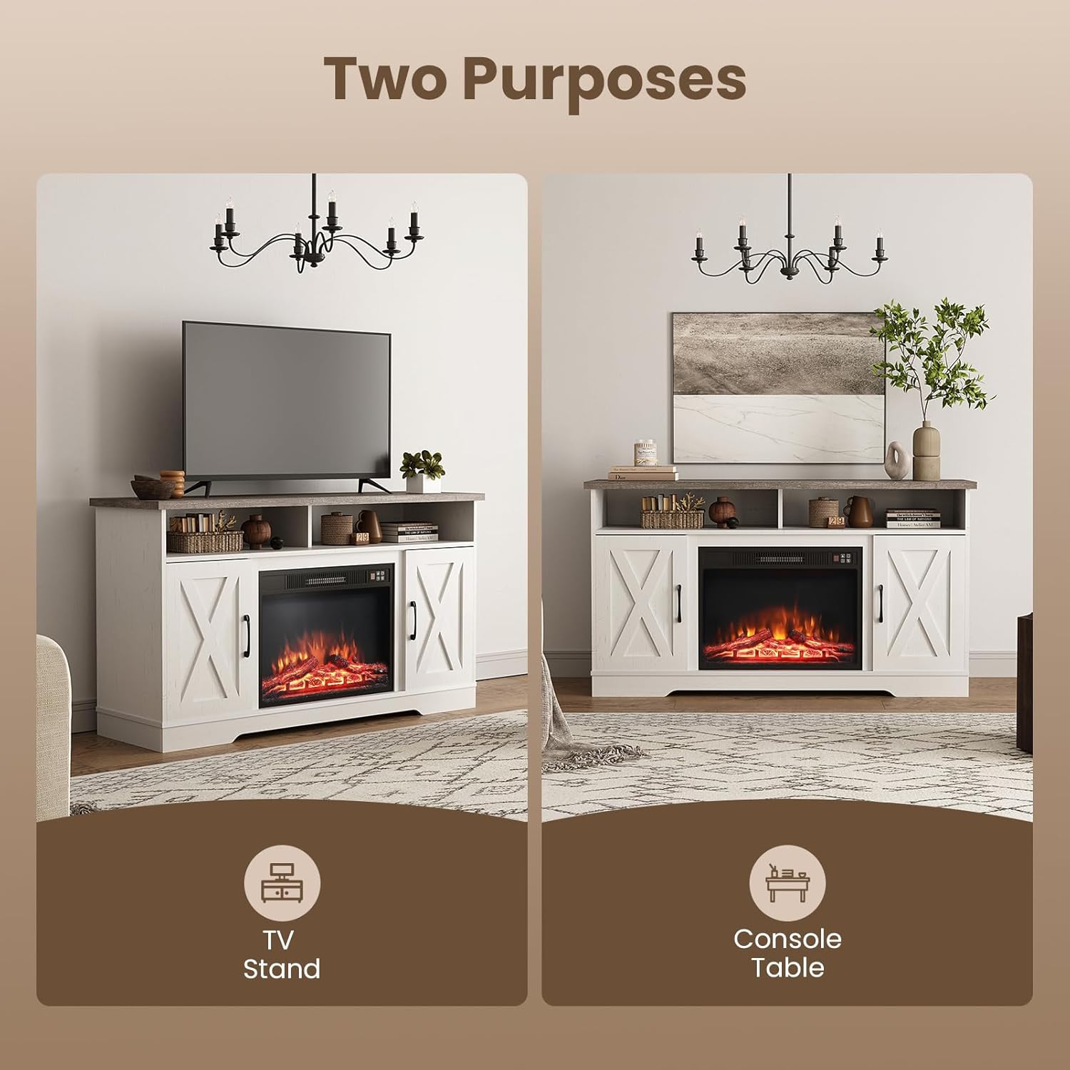 Electric Fire Insert TV Stand, 54" TV Unit with Fireplace Built in, 23" Fireplace, Remote Control & Overheat Protection, White