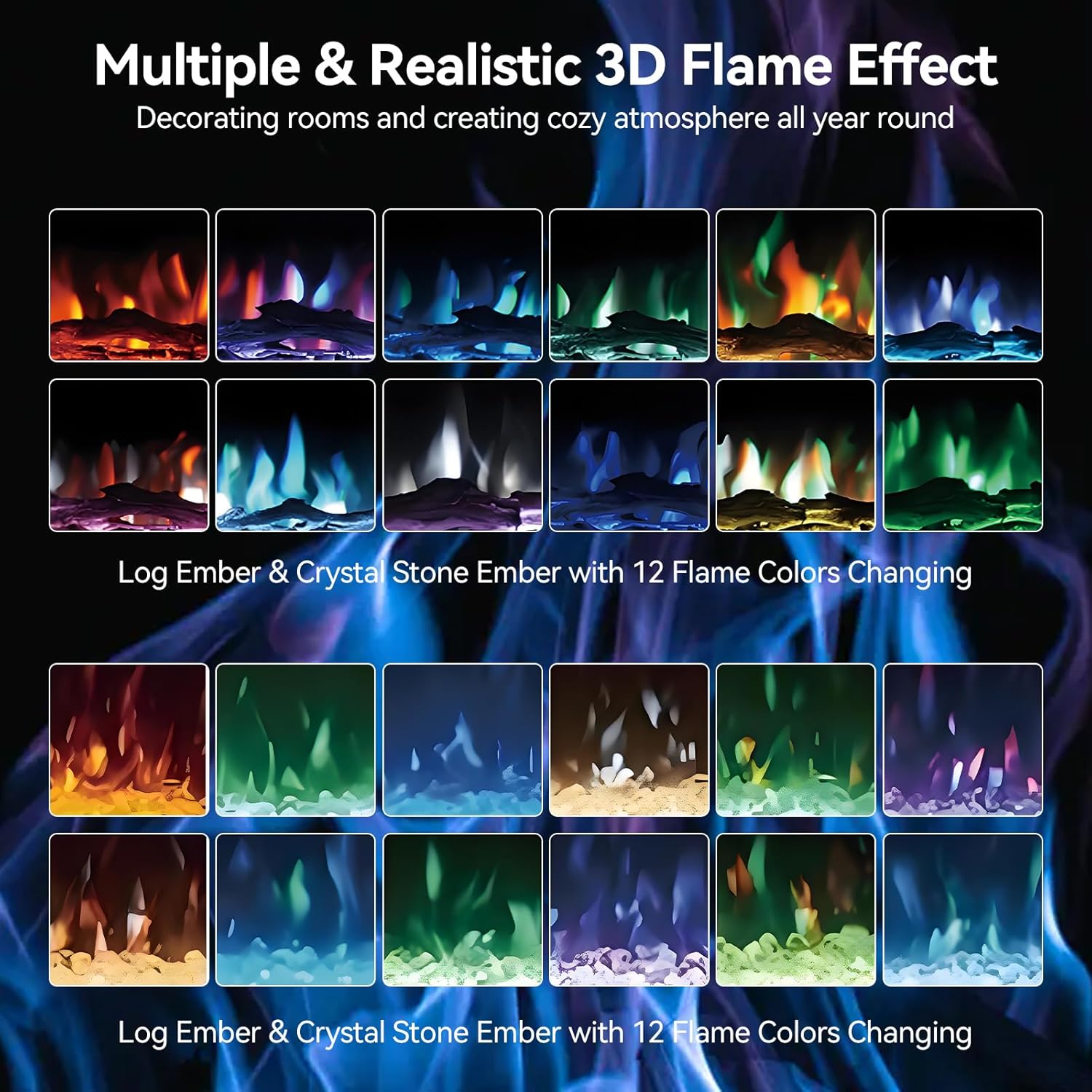 Ultra Thin Electric Fireplace 50"/60" Wall Mounted/Recessed/Freestanding Fire Heater with 12 LED Flame Color 5 Brightness Thermostat Overheat Protection Remote & Touch 750W/1500 (Black, 50inch/127cm) Black 50inch/127cm